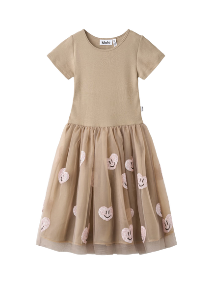 Molo Kids' Cyrusila Short Sleeve Mesh Skirt Dress, Teak, Teak