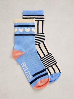 White Stuff Heart/Stripe Ankle Socks, Pack of 2, Blue/Multi, Blue/Multi