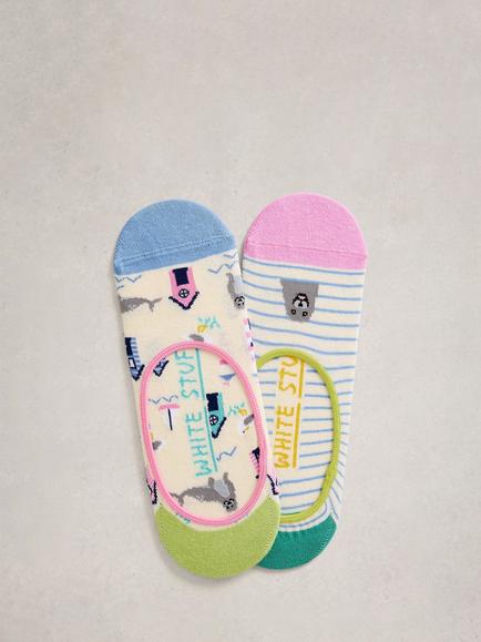 White Stuff Beach Hut/Stripe Trainer Liner Socks, Pack of 2, Multi, Multi