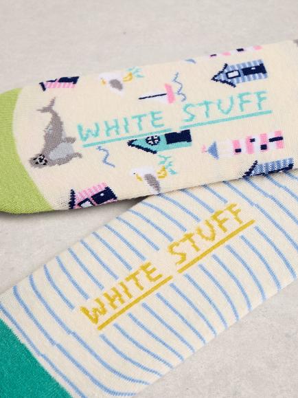 White Stuff Beach Hut/Stripe Trainer Liner Socks, Pack of 2, Multi - view 2, Multi