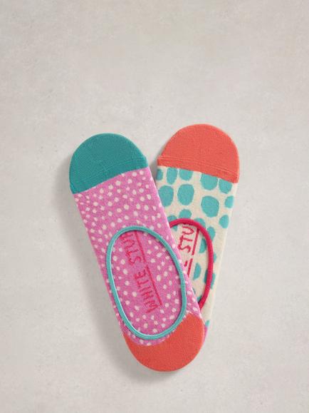 White Stuff Spot Trainer Liner Socks, Pack of 2, Pink/Multi, Pink/Multi