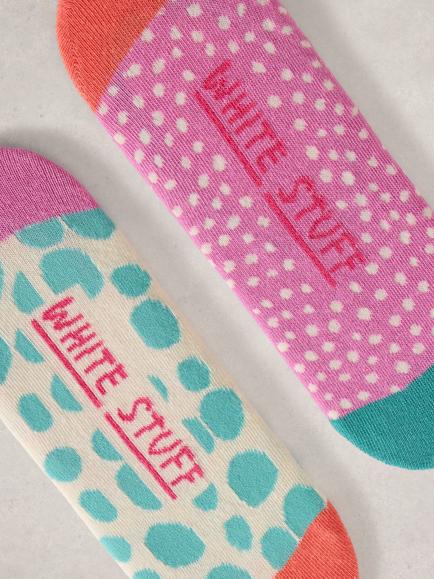 White Stuff Spot Trainer Liner Socks, Pack of 2, Pink/Multi - view 2, Pink/Multi