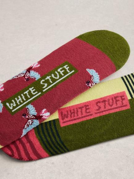 White Stuff Bird Stripe Print Sock Liners, Pack of 2, Red/Multi - view 2, Red/Multi
