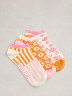 White Stuff Floral Stripe Trainer Socks, Pack of 3, Pink/Multi, Pink/Multi
