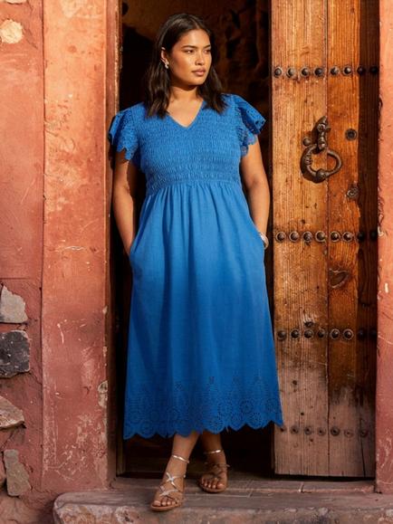 Live Unlimited Broderie Anglaise Shirred Dress, Blue, Blue