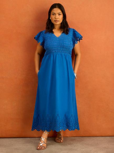 Live Unlimited Broderie Anglaise Shirred Dress, Blue - view 2, Blue