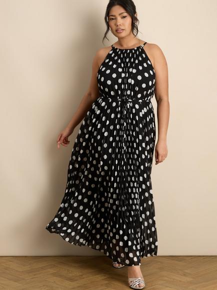 Live Unlimited Halterneck Spot Print Pleated Maxi Dress, Black, Black