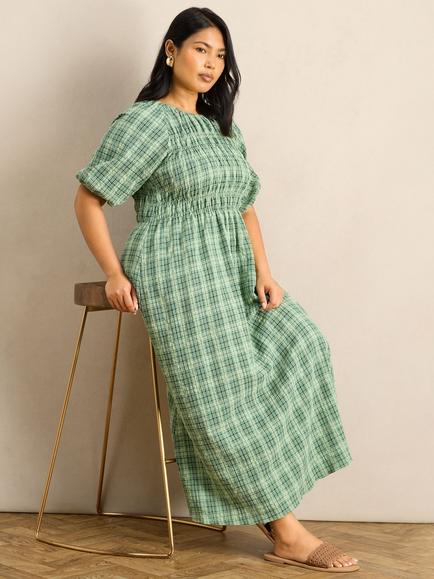 Live Unlimited Check Shirred Maxi Dress, Green, Green