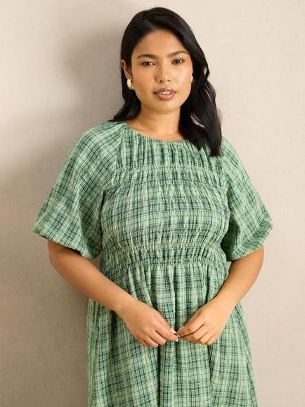 Live Unlimited Check Shirred Maxi Dress, Green - view 2, Green