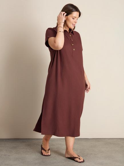 Live Unlimited Collared Linen Blend Shirt Dress, Brown, Brown