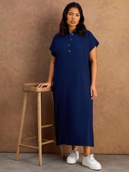 Live Unlimited Linen Blend Midaxi Shirt Dress, Blue - view 2, Blue
