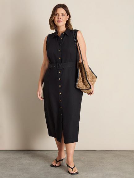 Live Unlimited Belted Linen Blend Shirt Dress, Black, Black