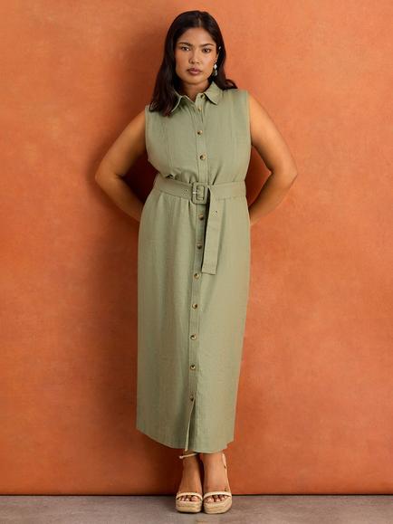 Live Unlimited Linen Blend Midaxi Shirt Dress, Green, Green