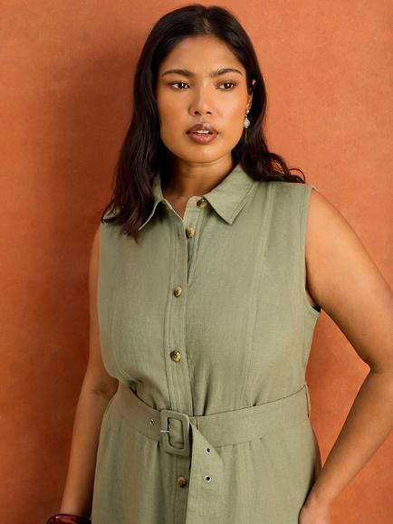 Live Unlimited Linen Blend Midaxi Shirt Dress, Green - view 2, Green