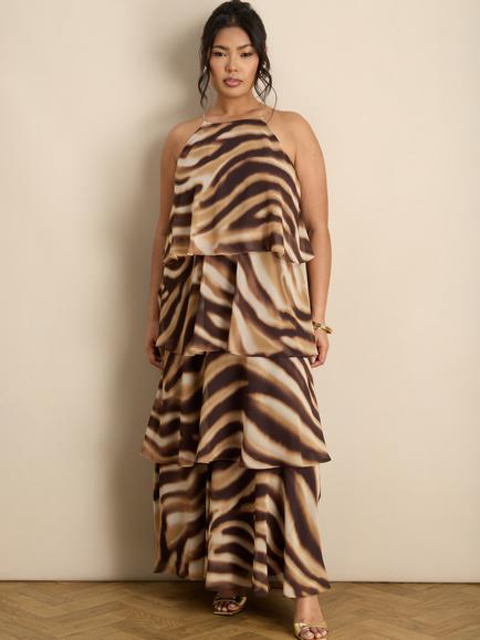 Live Unlimited Abstract Print Halter Tiered Maxi Dress, Brown/Multi, Brown/Multi