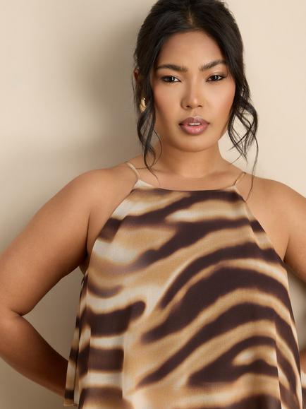 Live Unlimited Abstract Print Halter Tiered Maxi Dress, Brown/Multi - view 2, Brown/Multi