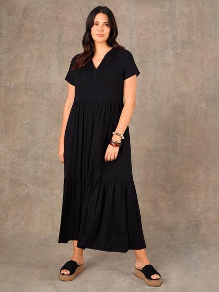 Live Unlimited Nehru Collar Tiered Maxi Dress, Black, Black