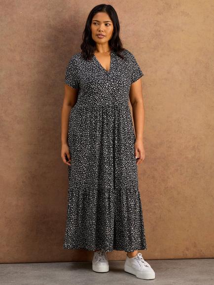 Live Unlimited Nehru Collar Ditsy Print Tiered Maxi Dress, Black/White, Black/White