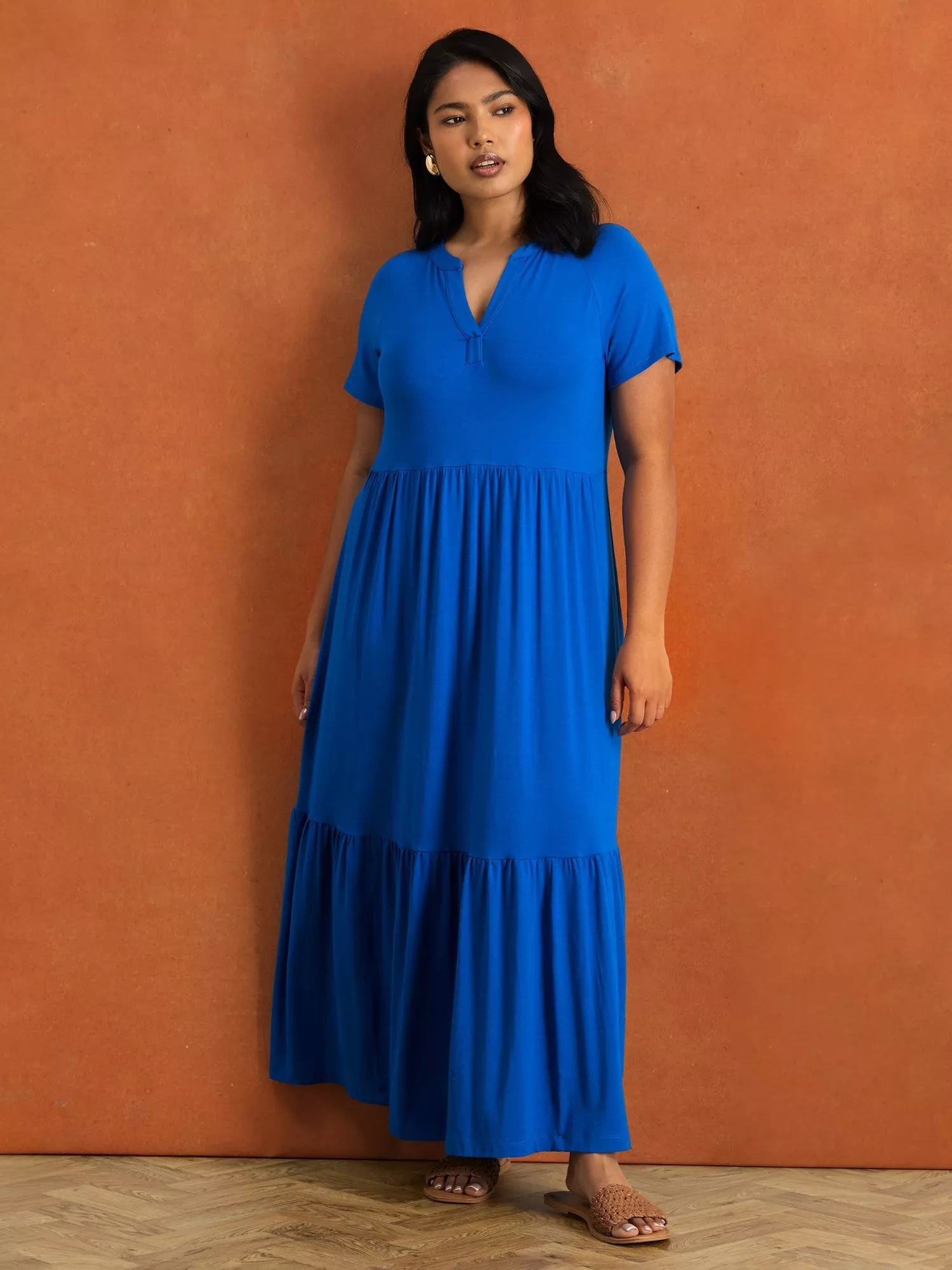 Live Unlimited Petite Nehru Collar Tiered Maxi Dress, Blue