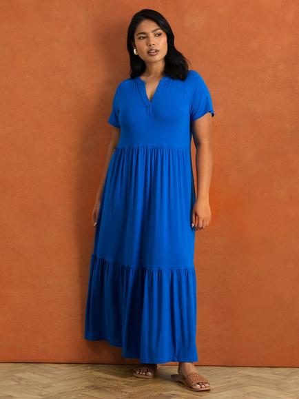 Live Unlimited Petite Nehru Collar Tiered Maxi Dress, Blue, Blue
