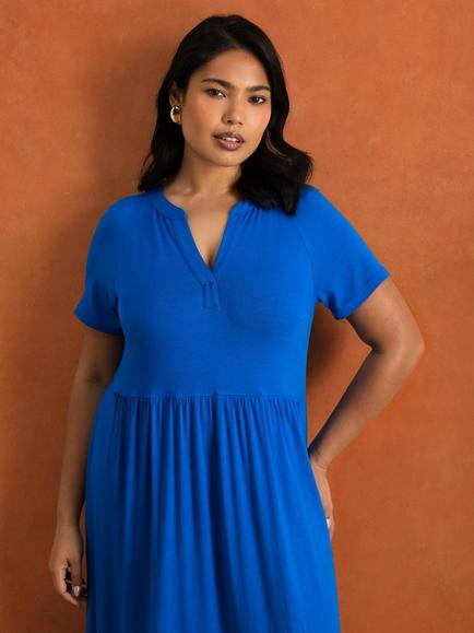 Live Unlimited Petite Nehru Collar Tiered Maxi Dress, Blue - view 2, Blue