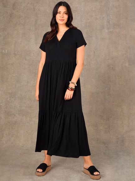 Live Unlimited Petite Nerhu Collar Tiered Maxi Dress, Black, Black