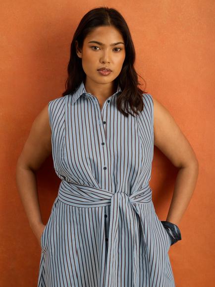 Live Unlimited Stripe Sleeveless Shirt Maxi Dress, Blue/Brown - view 2, Blue/Brown
