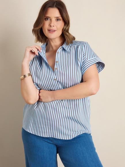 Live Unlimited Button Neck Stripe Top, Blue, Blue