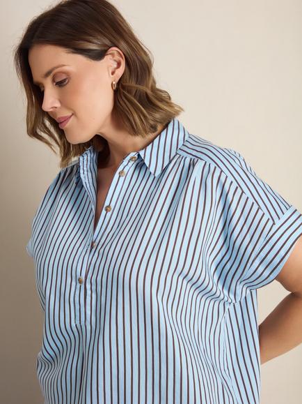 Live Unlimited Button Neck Stripe Top, Blue - view 2, Blue