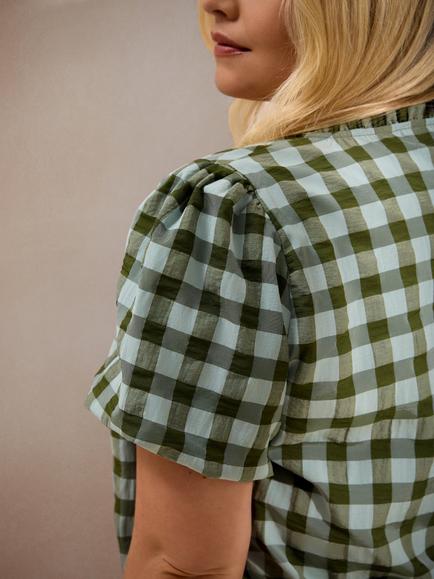 Live Unlimited Gingham Puff Sleeve Shirt, Green - view 2, Green