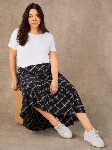 Live Unlimited Check Bias Cut Maxi Skirt, Black, Black