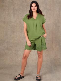 Live Unlimited Broderie Anglaise Linen Blend Shorts, Green, Green