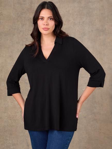 Live Unlimited Collared Three Quarter Sleeve Top, Black, Black