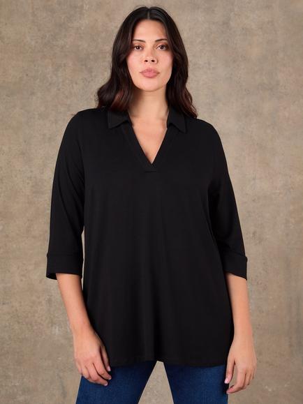 Live Unlimited Collared Three Quarter Sleeve Top, Black - view 2, Black