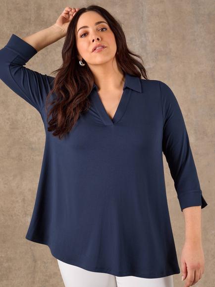 Live Unlimited Collared V-Neck Jersey Top, Blue - view 2, Blue