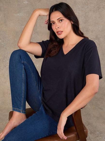 Live Unlimited V-Neck Cotton Slub T-Shirt, Blue - view 2, Blue