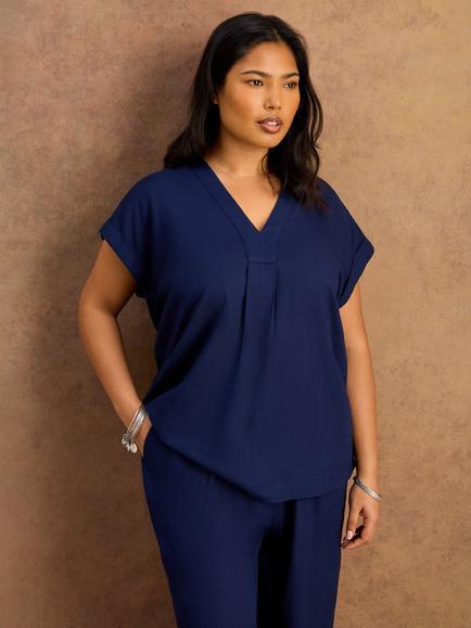 Live Unlimited Linen Blend V-Neck Top, Blue