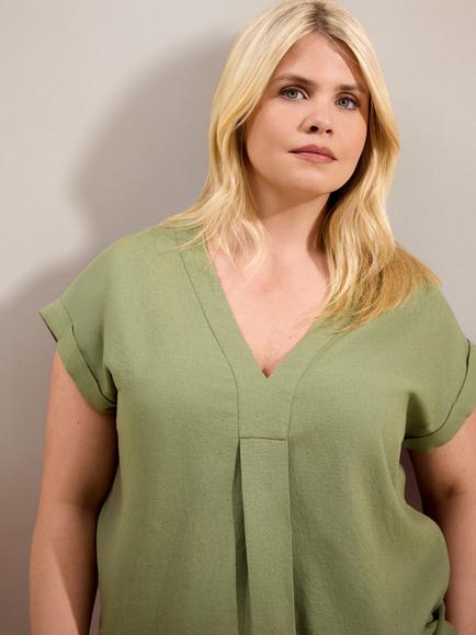 Live Unlimited Linen Blend V-Neck Top - view 2, Green