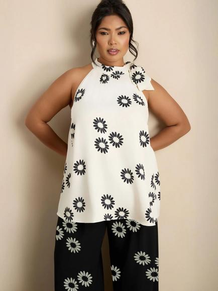 Live Unlimited Floral Print Bow Halter Neck Top, White, White