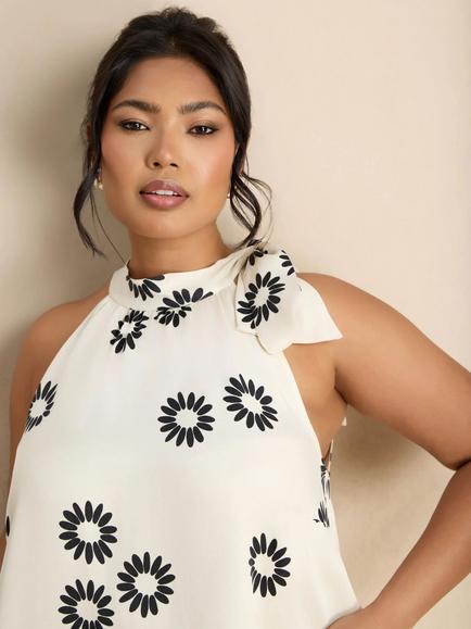 Live Unlimited Floral Print Bow Halter Neck Top, White - view 2, White