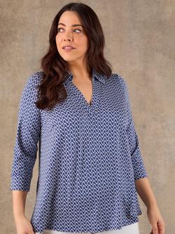 Live Unlimited Geo Print Collared V-Neck Jersey Top, Blue, Blue