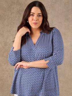 Live Unlimited Geo Print Collared V-Neck Jersey Top, Blue - view 2, Blue