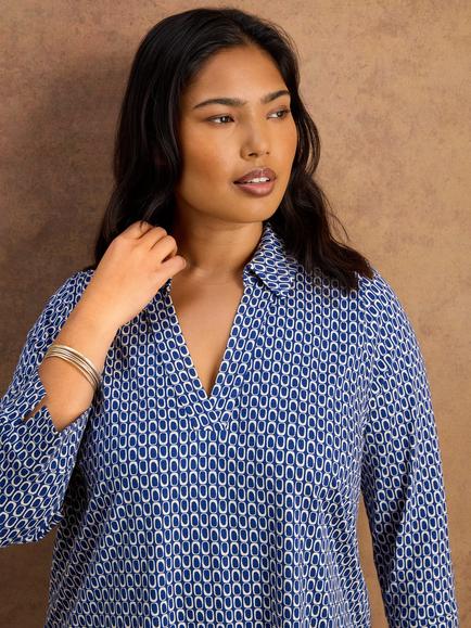 Live Unlimited Geo Print Collared V-Neck Jersey Top, Blue - view 2, Blue