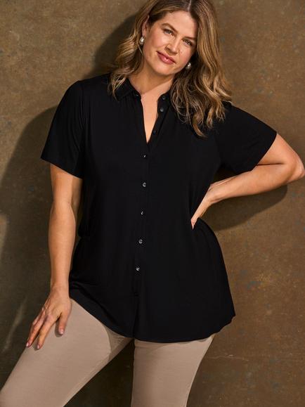 Live Unlimited Split Hem Elbow Sleeve Shirt, Black, Black