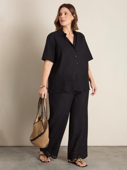 Live Unlimited Curve Linen Blend Broderie Trousers, Black, Black