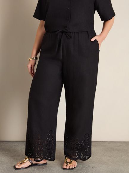 Live Unlimited Curve Linen Blend Broderie Trousers, Black - view 2, Black