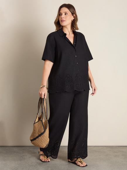 Live Unlimited Petite Linen Blend Broderie Trousers, Black, Black