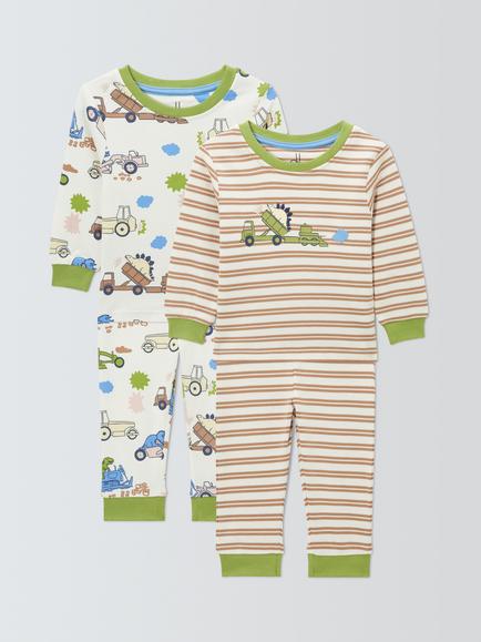 John Lewis Baby Dinosaur Digger Pyjamas, Pack of 2, White, White