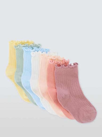 John Lewis Kids' Organic Cotton Rich Frill Top Ankle Socks, Pack of 7, Multi, Multi