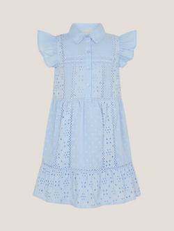 Monsoon Kids' Flutter Sleeve Broderie Dress, Blue